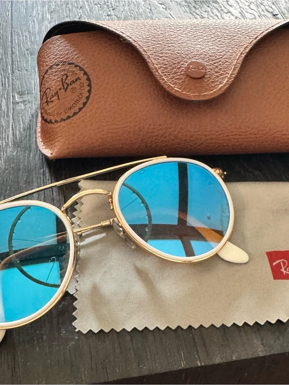 Ray-Ban Gold Frame Sunglasses with Blue Lenses